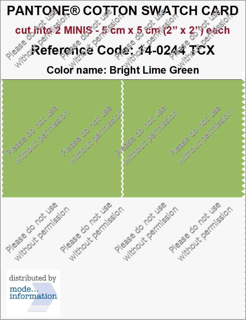 PANTONE COTTON SWATCH CARD 14-0244 TCX Bright Lime Green (cut into 2 MINIS | 5 cm x 5 cm)