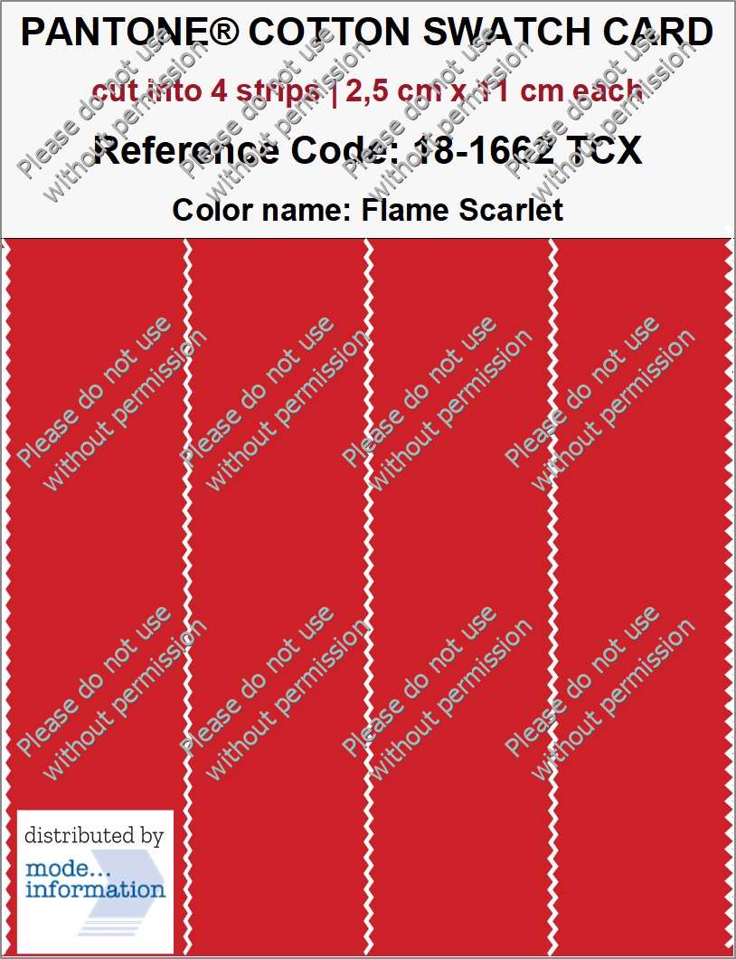 PANTONE COTTON SWATCH CARD 18-1662 TCX Flame Scarlet (cut into 4 strips | 2,5 cm x 11 cm)