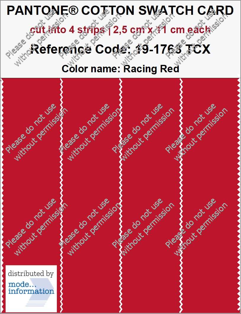 PANTONE COTTON SWATCH CARD 19-1763 TCX Racing Red (cut into 4 strips | 2,5 cm x 11 cm)