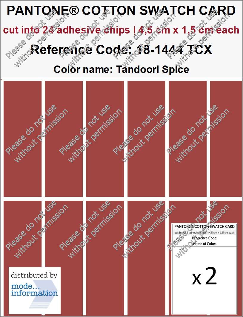 PANTONE COTTON SWATCH CARD 18-1444 TCX Tandoori Spice (cut into 24 adhesive chips | 4,5 cm x 1,5 cm)