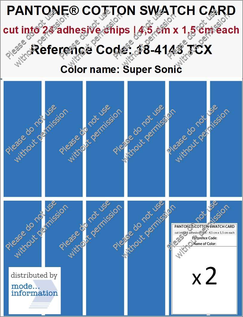 PANTONE COTTON SWATCH CARD 18-4143 TCX Super Sonic (cut into 24 adhesive chips | 4,5 cm x 1,5 cm)