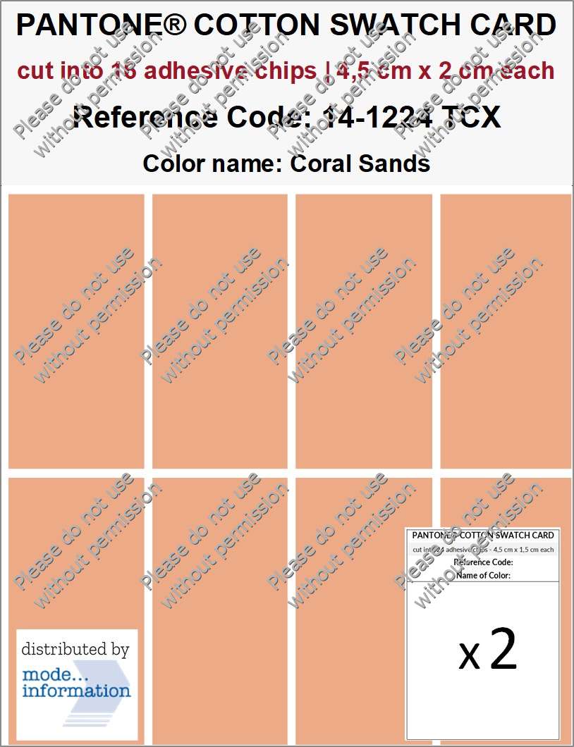PANTONE COTTON SWATCH CARD 14-1224 TCX Coral Sands (cut into 16 adhesive chips | 4,5 cm x 2 cm)