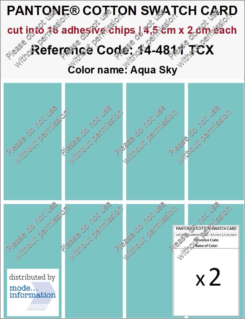 PANTONE COTTON SWATCH CARD 14-4811 TCX Aqua Sky (cut into 16 adhesive chips | 4,5 cm x 2 cm)