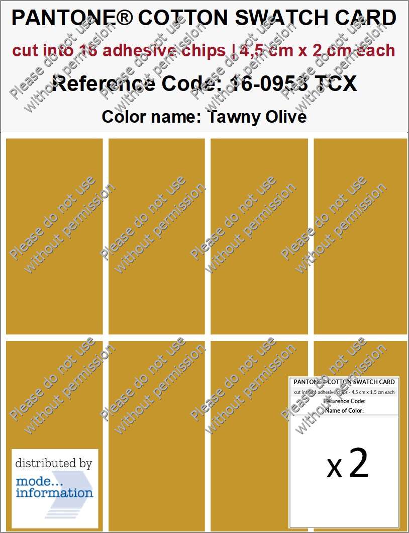 PANTONE COTTON SWATCH CARD 16-0953 TCX Tawny Olive (cut into 16 adhesive chips | 4,5 cm x 2 cm)