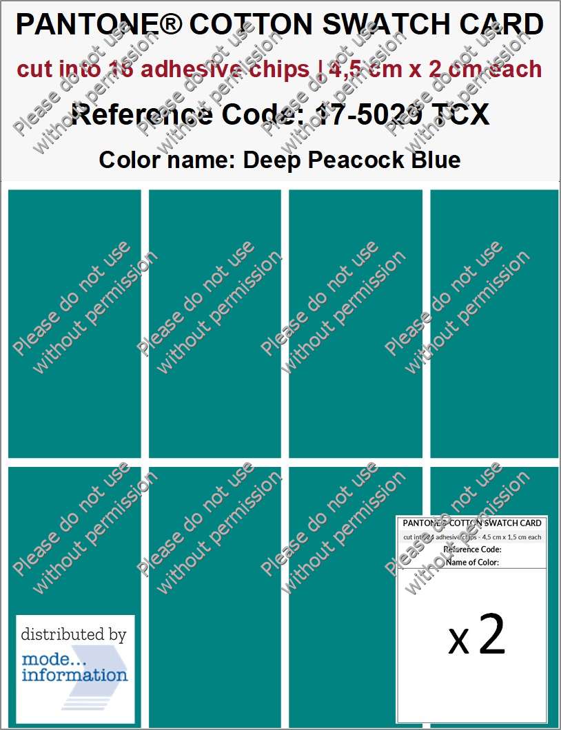 PANTONE COTTON SWATCH CARD 17-5029 TCX Deep Peacock Blue (cut into 16 adhesive chips | 4,5 cm x 2 cm)