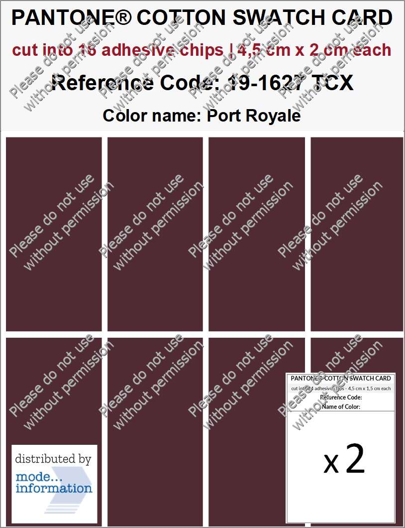 PANTONE COTTON SWATCH CARD 19-1627 TCX Port Royale (cut into 16 adhesive chips | 4,5 cm x 2 cm)