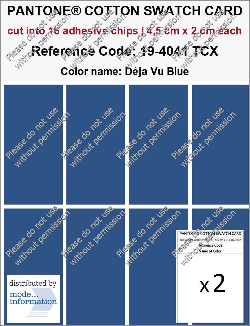 PANTONE COTTON SWATCH CARD 19-4041 TCX Déja Vu Blue (cut into 16 adhesive chips | 4,5 cm x 2 cm)